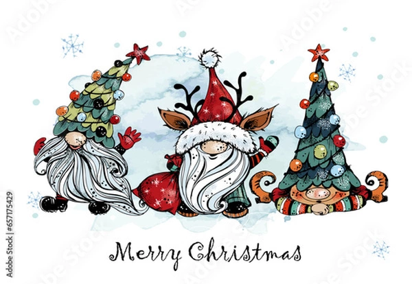 Fototapeta Christmas card with funny Nordic gnomes with gifts. Doodle style. Vector.