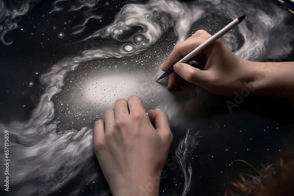 Fototapeta nebula, drawing the cosmos, space. person drawing universe. the universe and the cosmos