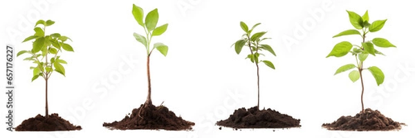 Fototapeta Small tree saplings with dirt isolated on transaprent background generative ai