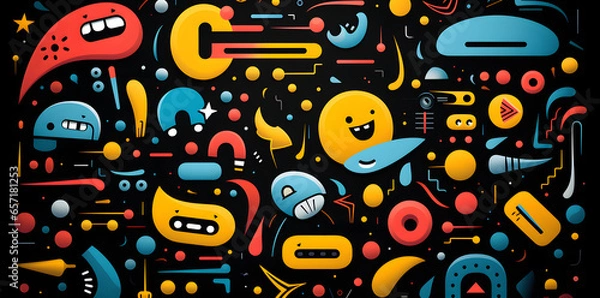 Fototapeta colorful 90s style doodle pattern, in the style of black background, algeapunk, flickr, abstract non-representational shapes, digitally enhanced, letras y figuras, simplified shape