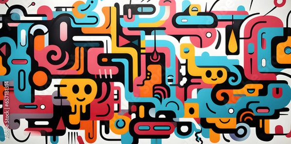 Fototapeta colorful 90s style doodle pattern, in the style of black background, algeapunk, flickr, abstract non-representational shapes, digitally enhanced, letras y figuras, simplified shape