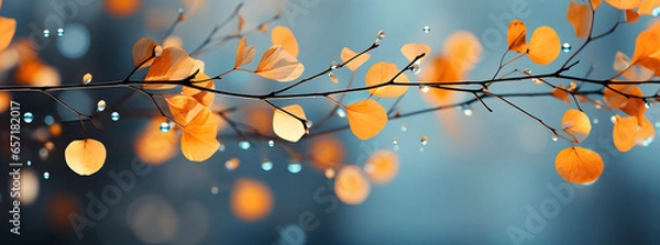 Fototapeta yellow autumn leaves are seen with birch branches, in the style of light cyan, bokeh, dark orange and light gray, vignetting, light sky-blue and light navy, 
