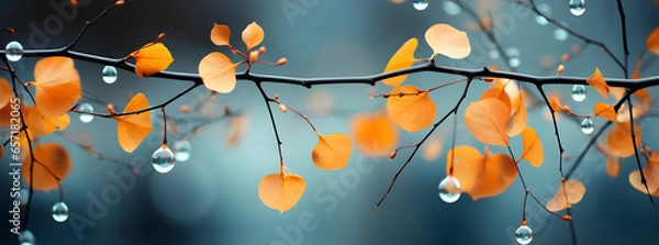 Fototapeta yellow autumn leaves are seen with birch branches, in the style of light cyan, bokeh, dark orange and light gray, vignetting, light sky-blue and light navy, 
