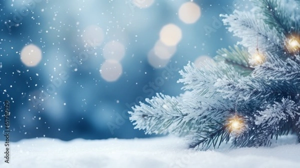 Fototapeta Winter snow background with snow drifts, with beautiful light and snowflakes on the blue sky in the evening, banner format, copy space