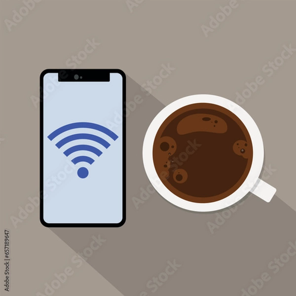 Fototapeta mobile phone with cup  and free wifi