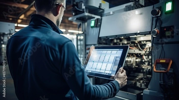 Fototapeta Portrait of an engineer holding a tablet near a large CNC machine working in an industrial plant. Inspection, tool control, electronic control.