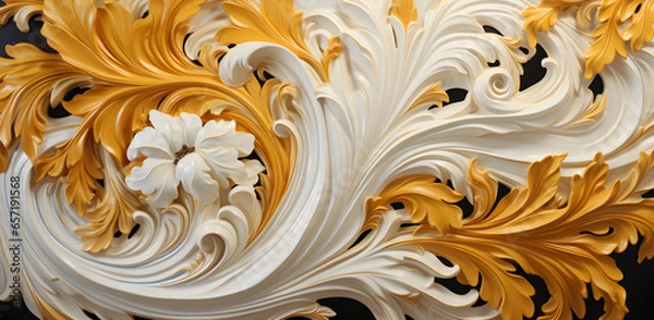 Fototapeta a gold and white wallpaper with a lot of swirls, in the style of tropical baroque, repetitive, batik, decorative
