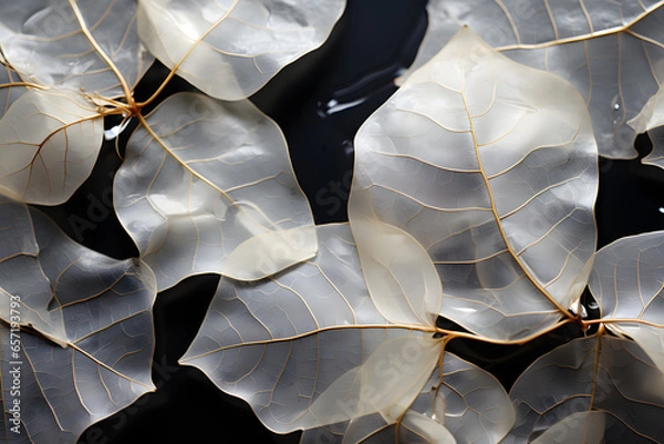 Fototapeta a beautiful black and white photo of dried leaves, in the style of infinity nets, translucent planes, trompe-l'œil illusionistic detail, striated resin veins, human connections