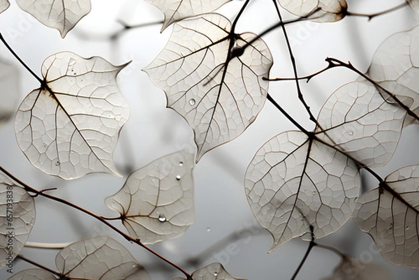 Fototapeta a beautiful black and white photo of dried leaves, in the style of infinity nets, translucent planes, trompe-l'œil illusionistic detail, striated resin veins, human connections