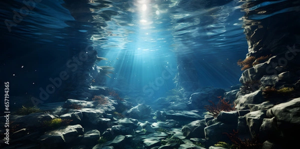 Fototapeta an ray of light coming out of water in the underwater, in the style of realistic scenery, azure, high detailed, detailed background elements, albrecht anker, photo-realistic landscapes, detailed backg