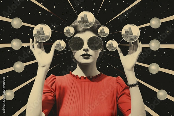 Obraz Fine art, pop art concept. Minimalist and surreal retro art collage with woman portrait. Grunge effect style. Geometric shapes and tiny ornate details in background. Generative AI