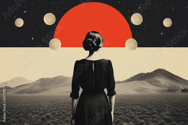 Obraz Fine art, pop art concept. Minimalist and surreal retro art collage with woman portrait. Grunge effect style. Geometric shapes and tiny ornate details in background. Generative AI