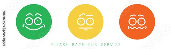 Fototapeta Please rate our service text. Three round icons. Sad, neutral and happy faces. Minimal simple style. Modern Vector illustration. Design templates. Feedback, rating, customer review concept