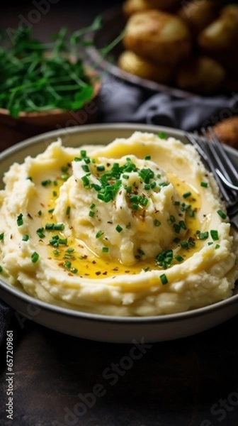 Fototapeta Creamy mashed potatoes with melted butter and chives