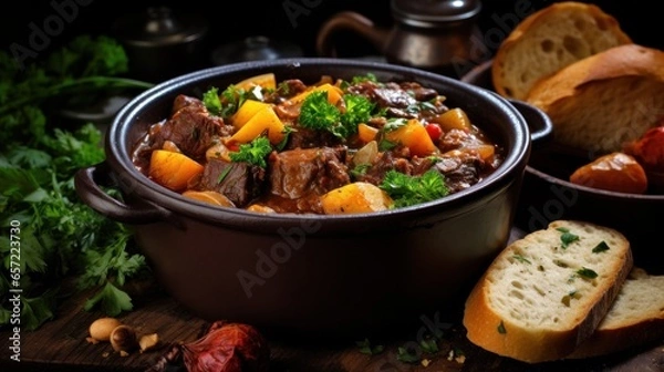 Fototapeta Hearty beef stew with vegetables in a rustic pot