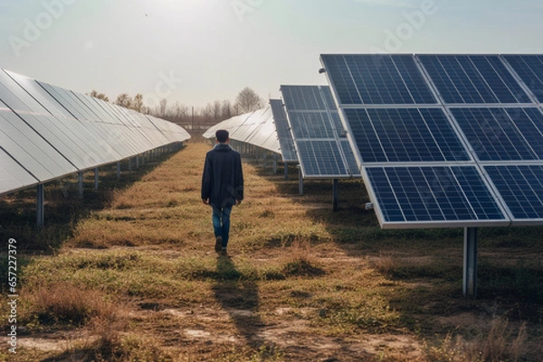 Fototapeta A man walks by the solar panels. AI Generated