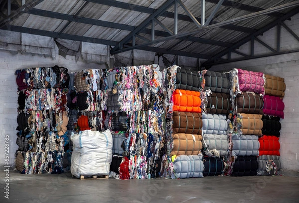 Obraz Heap of pressed colorful textile waste packed in bales in store-house