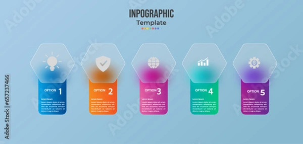 Fototapeta Infographic for 5 options, vector gradient design with realistic frosted glass, glassmorphism effect
