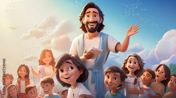 Fototapeta Childrens illustration cartoon of Jesus Christ with many children around Him Generative AI