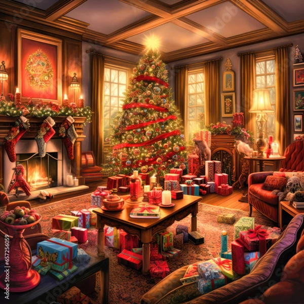 Fototapeta Yuletide Magic in the Living Room. Christmas Season. Elegantly Decorated Christmas Tree Stands Tall, Surrounded by an Abundance of Lovingly Wrapped Presents
Generative AI technology
