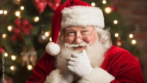 Fototapeta Santa Claus smiling looking kind. Black background. Holiday banner template with copy space