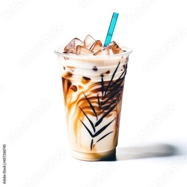 Fototapeta Cappuccino iced coffee with coffee beans on white background