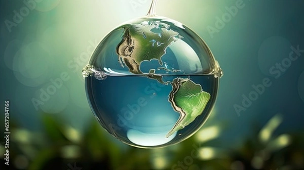 Fototapeta Limited water supply. Global water concerns. Earth encapsulated within a translucent watery sphere. Signifying the importance of conserving water and safeguarding our planet's water resources. Concept