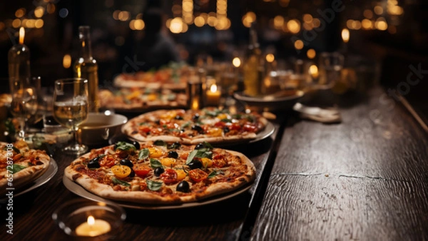 Fototapeta Tisch mit Pizza und schönen Gedeck mit grandioser Kulisse in der Abendsonne auf der Terrasse im Querformat für Banner, ai generativ