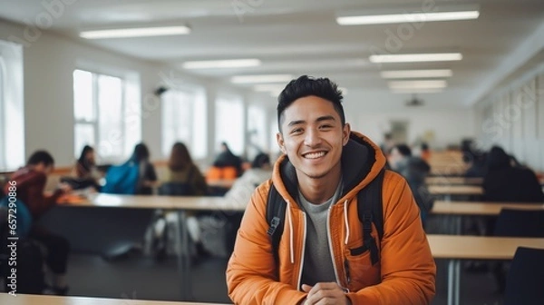 Obraz Latino male college student sitting a classroom smiling, student study in class, with copy space.