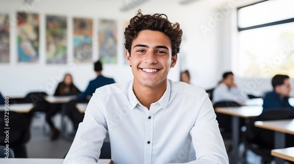 Obraz Latino male college student sitting a classroom smiling, student study in class, with copy space.