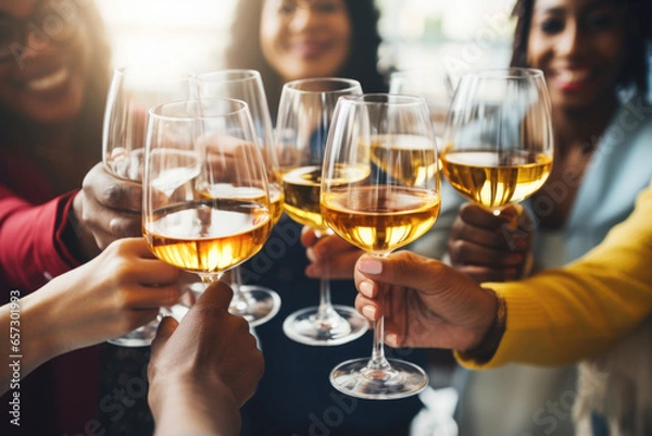 Obraz Group of friends toasting with wine glasses at a festive lunch party