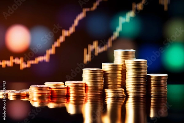 Fototapeta Golden coin stacks and candlestick forex chart on blurry background for trade, money, stock market and financial growth concept