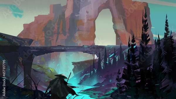 Fototapeta a painted fantasy landscape with a traveler