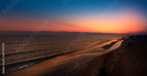 Obraz Sunset panorama with orange sky and reflection on the beach and water. Mediterranean, Camargue, Gard, France.