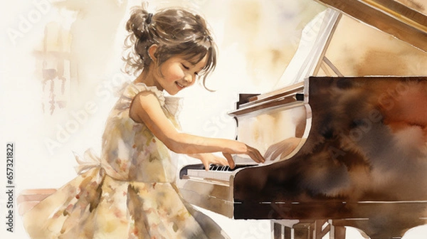 Obraz フォーマルな服装で楽しそうにピアノを演奏する子どもの水彩画