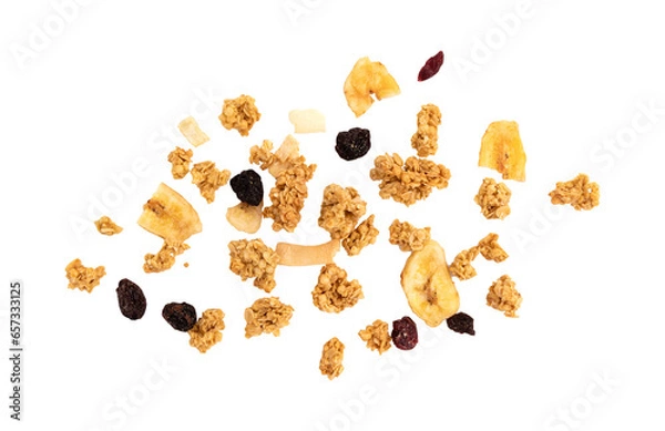 Obraz creative layout made of granola isolated on white background, flat lay of muesli pile, healthy eating concept