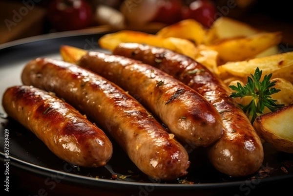 Obraz Rustic Grilled Bratwurst: German Pub Food Closeup