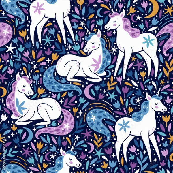 Obraz Vector seamless pattern with unicorns, flowers, stars and moon. Cute childish repeated texture with fairytale animals. Cartoon unicorns. Fantasy print for kids clothing and fabric.