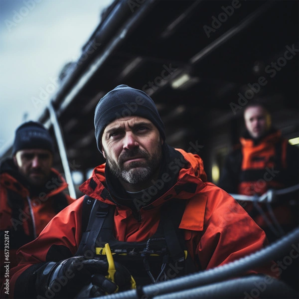 Fototapeta a group of rescuers in equipment on rubber inflatable boats while performing work. 