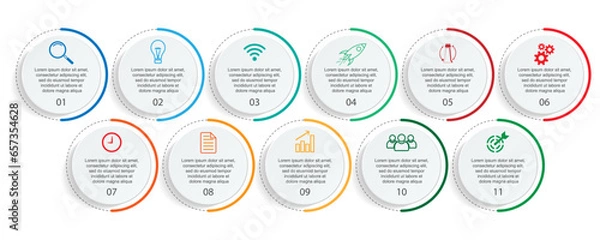 Fototapeta Business Infographic Template Design. Timeline with 11 marketing steps, options and icons. Vector linear infographic with eleven connected elements. Can be used for presentations in your business.