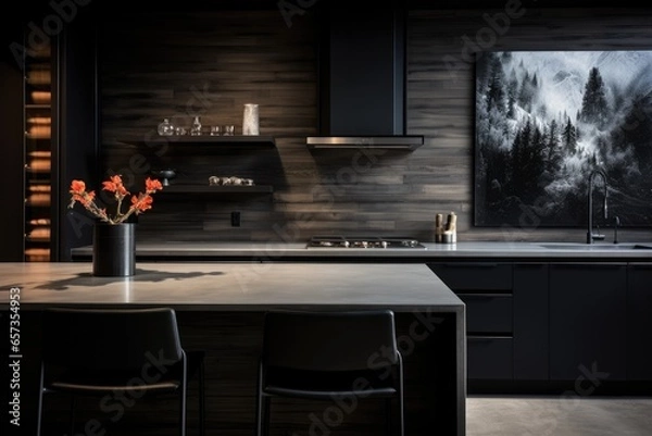 Fototapeta Step into a modern kitchen with elegant design and contemporary furnishings. The bright, spacious room showcases luxury and style, creating a comfortable living space