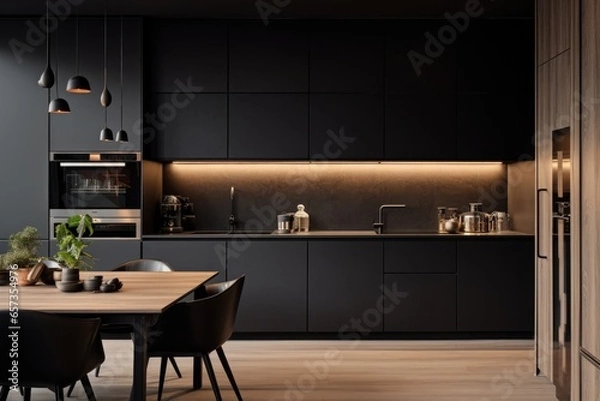 Fototapeta Step into a modern kitchen with elegant design and contemporary furnishings. The bright, spacious room showcases luxury and style, creating a comfortable living space