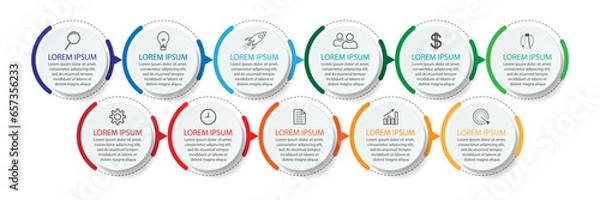 Fototapeta Business Infographic Template Design. Timeline with 11 marketing steps, options and icons. Vector linear infographic with eleven connected elements. Can be used for presentations in your business.