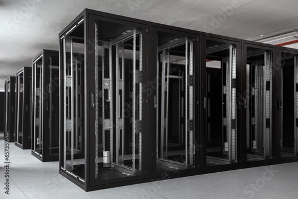 Fototapeta Server racks under construction in a data center hall.