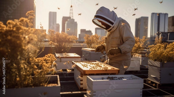 Obraz Beekeeping Retreat in City. Find retreat in this urban beekeeping scene