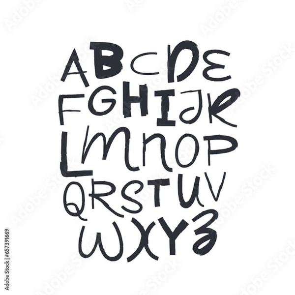 Fototapeta Black uppercase letters drawn by hand. Lettering. Modern funny children's playful font. Latin alphabet.