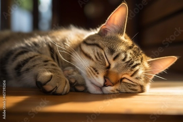 Fototapeta Generative AI : close up brown cat sleeping on table wood