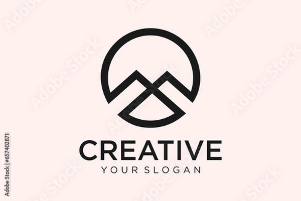 Obraz Mountain Logo. White Mount Silhouette Geometric Triangle Shape isolated on Blue Background. Flat Vector Logo Design Template Element.