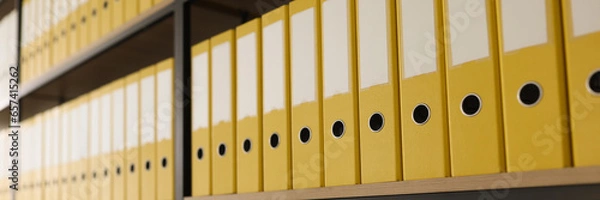 Fototapeta Yellow folders with materials put in long rows on shelves