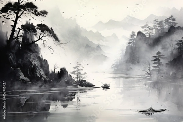 Fototapeta A minimalistic landscape painting in traditional japanese or chinese art style